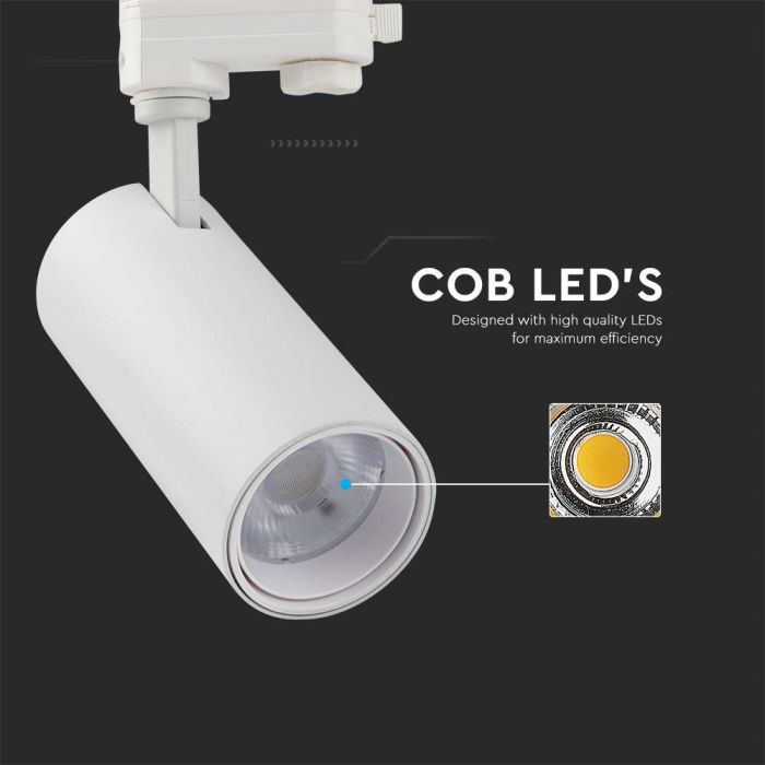 Трековый светодиодный COB светильник 30W(2900Lm), белый отражатель, белая задняя крышка, V-TAC, IP20, 3IN1