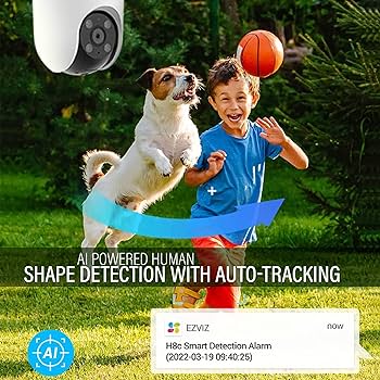 Rotatable outdoor 1080p video surveillance camera H8C. 360° viewing angle. Colorful night vision, compatible with smart devices. Two-way audio, people tracking.