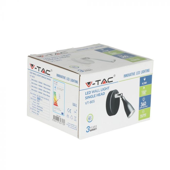 4.5W(420Lm) LED Wall lamp, V-TAC, IP20, black, warm white light 3000K