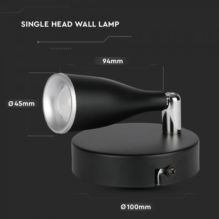 4.5W(420Lm) LED Wall lamp, V-TAC, IP20, black, warm white light 3000K