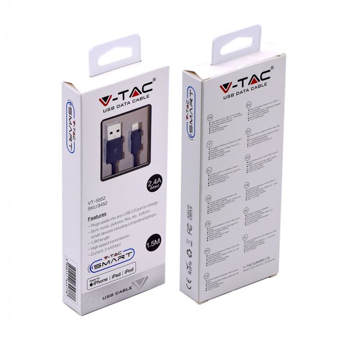 1,5 m USB-kabel svart, gjord för Apple-produkter - stöder iPhone, iPad, iPod etc., V-TAC