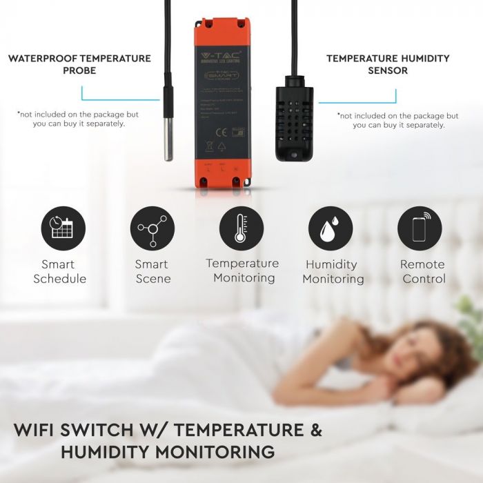16A 2.4Ghz SMART temperature, humidity sensor, ALEXA and GOOGLE HOME compatible, V-TAC, IP20