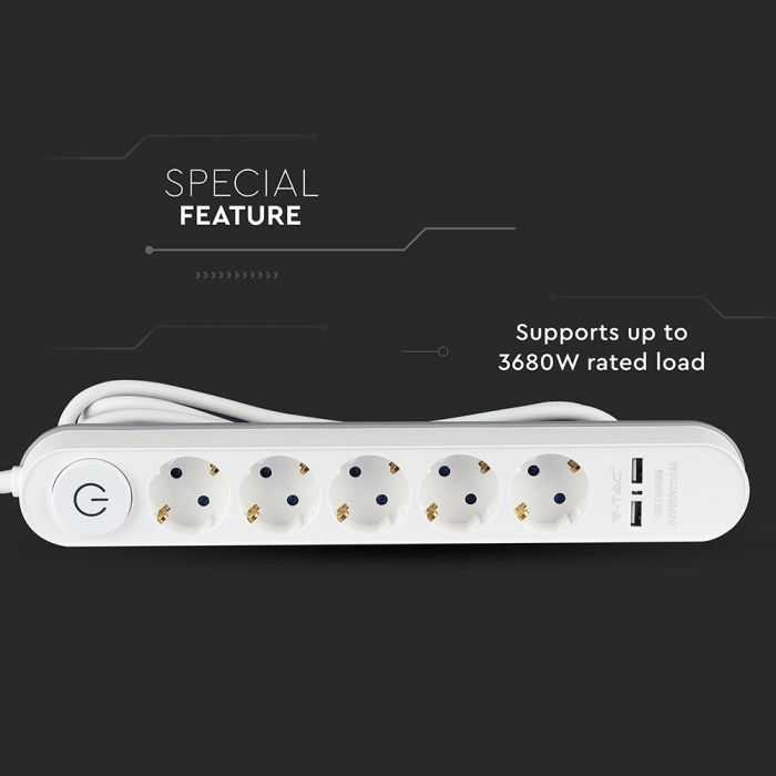Удлинитель 3 м, 5 розеток, IP20 16A 250V 3680W, 2 USB, V-TAC