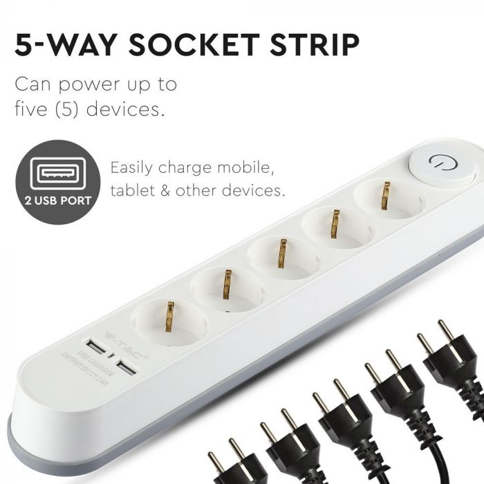 Удлинитель 3 м, 5 розеток, IP20 16A 250V 3680W, 2 USB, V-TAC