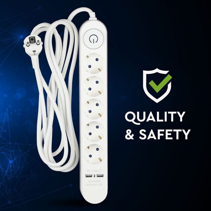 Удлинитель 3 м, 5 розеток, IP20 16A 250V 3680W, 2 USB, V-TAC