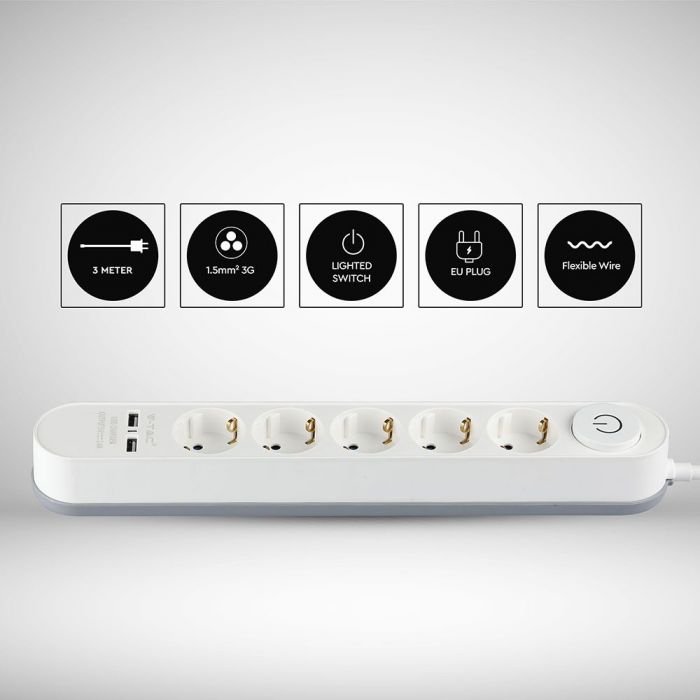 3m pikendusjuhe, 5 pistikupesa, IP20 16A 250V 3680W, 2 USB, V-TAC