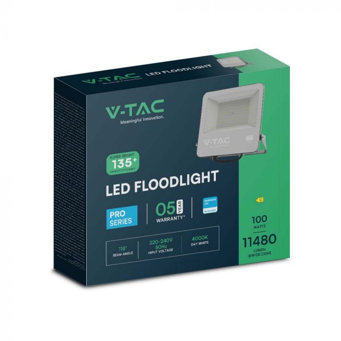 KASTE 4 gab. x 30,85€ – 100W(11480Lm) LED prožektors bez kustību sensora, V-TAC SAMSUNG, IP65, melns korpuss un pelēks stikls, auksti balta gaisma 6500K