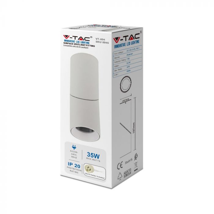GU10 Virsapmetuma karkass stiprināšanai pie griestiem, balts,  197 x Ø59.5 mm, Max 35W, V-TAC