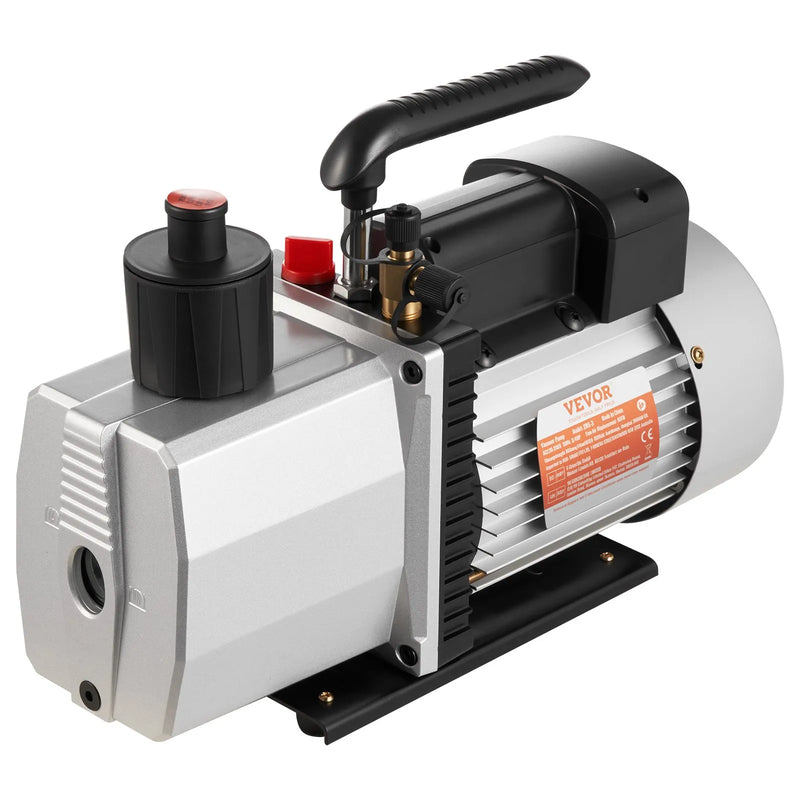 VEVOR profesionāls divpakāpju rotācijas lāpstiņu vakuumsūknis, gaisa plūsma 483 l/min, gala vakuums 15 mikroni, jauda 0,56 kW (3/4 HP)