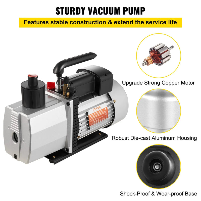 VEVOR profesionāls divpakāpju rotācijas lāpstiņu vakuumsūknis, gaisa plūsma 483 l/min, gala vakuums 15 mikroni, jauda 0,56 kW (3/4 HP)