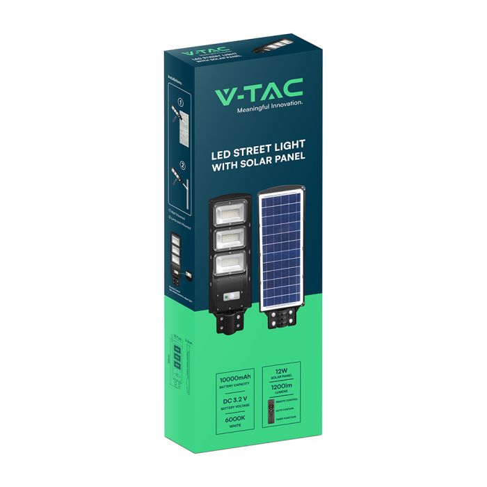 12W (1200Lm) LED päikesepaneelide tänavavalgustus, V-TAC, IP65, must, jaheda valge valgus 6000K