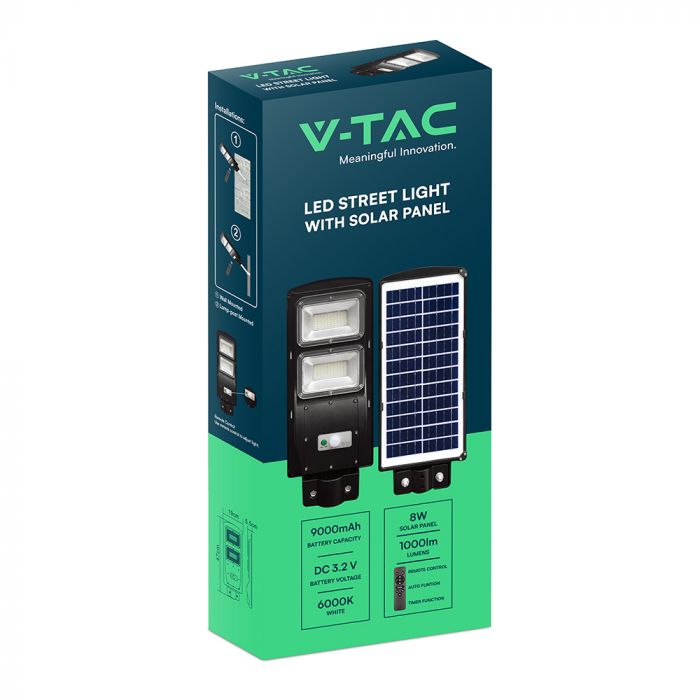 8W (1000Lm) LED päikesepaneelide tänavavalgusti, V-TAC, IP65, must, jaheda valge valgus 6000K