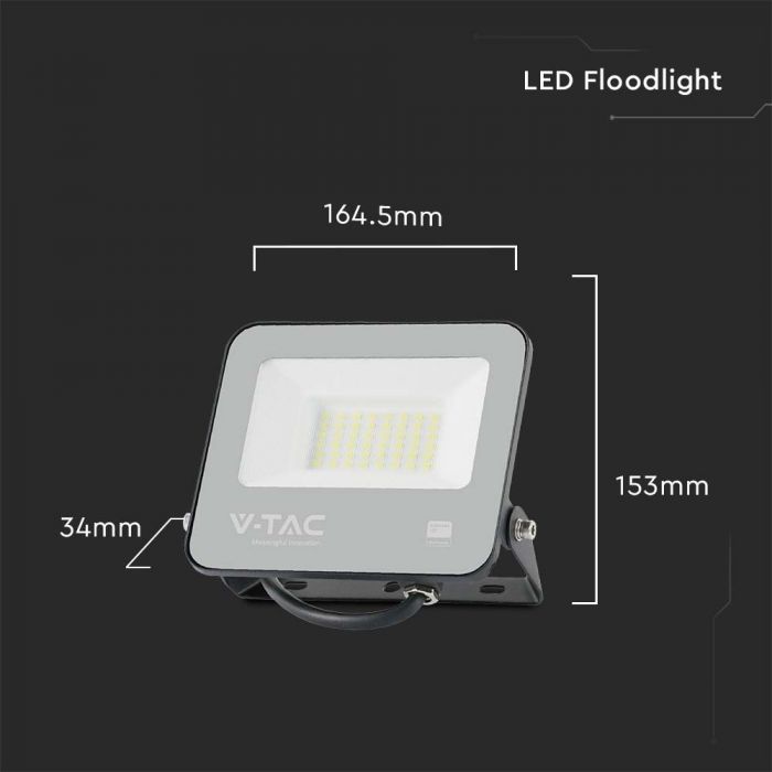 30W(5550Lm) LED Spotlight, V-TAC, IP65, black body and gray glass, warranty 2 years, cold white light 6500K