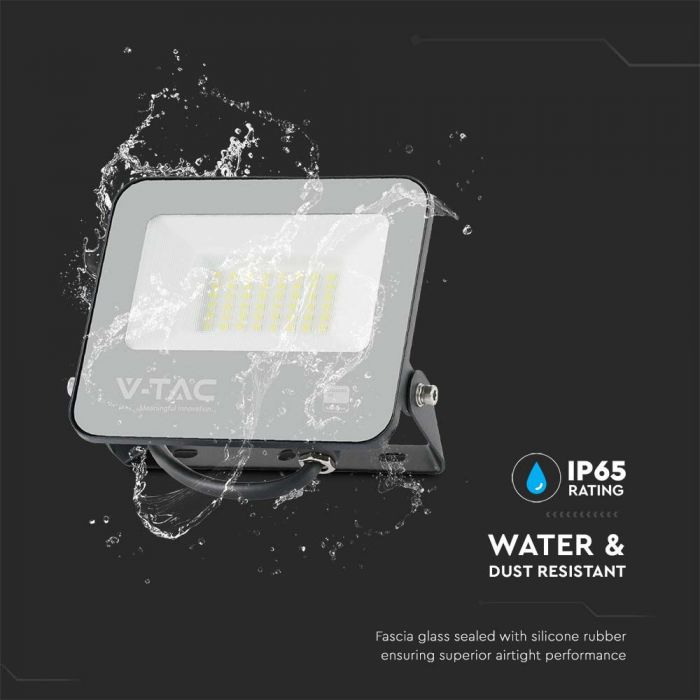 30W(5550Lm) LED Spotlight, V-TAC, IP65, black body and gray glass, warranty 2 years, cold white light 6500K