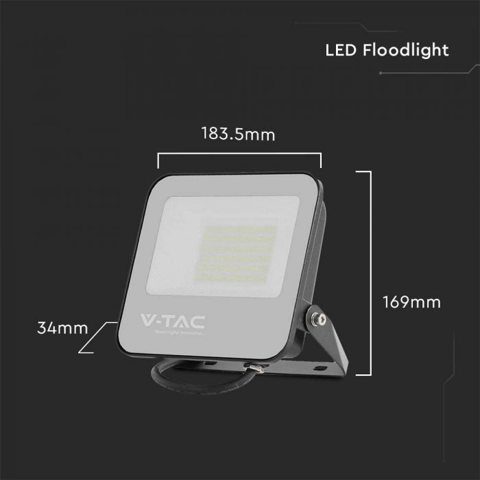 50W(9250Lm) LED Spotlight, V-TAC, IP65, black body and gray glass, warranty 2 years, neutral white light 4000K