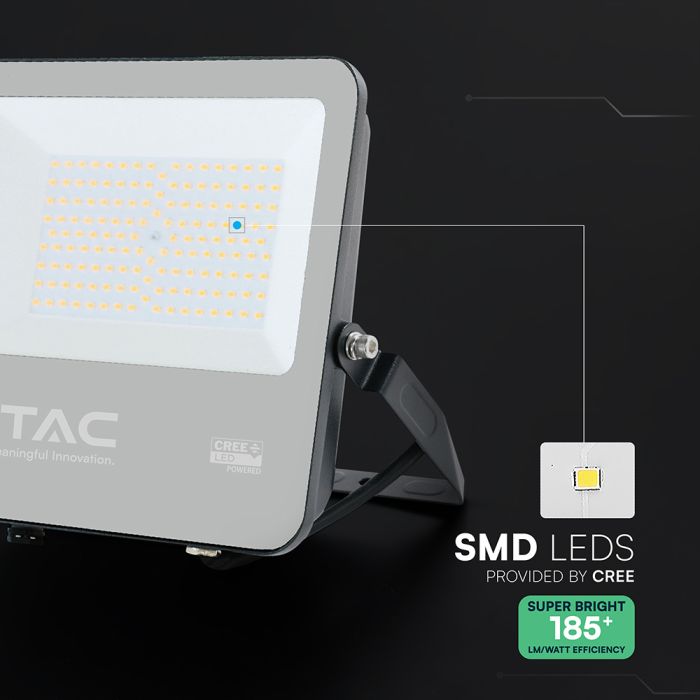 100W(18500Lm) LED prožektors, V-TAC VT-44105, CREE SMD, 185Lm/W, IP65, IK05, melns, 256x42x229mm, 1m kabelis, 115°, 6 gadu garantija, neitrāli balta gaisma 4000K
