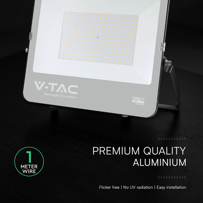 200W(37000Lm) LED prožektors, V-TAC VT-44205, CREE SMD, 185Lm/W, IP65, IK05, melns, 406x47x333mm, 1m kabelis, 115°, 6 gadu garantija, neitrāli balta gaisma 4000K
