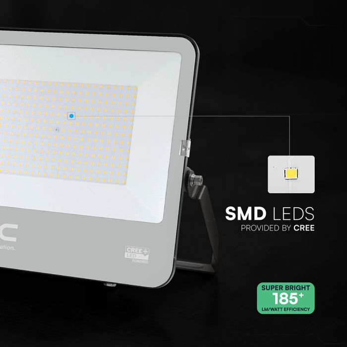 200W(37000Lm) LED prožektors, V-TAC VT-44205, CREE SMD, 185Lm/W, IP65, IK05, melns, 406x47x333mm, 1m kabelis, 115°, 6 gadu garantija, neitrāli balta gaisma 4000K