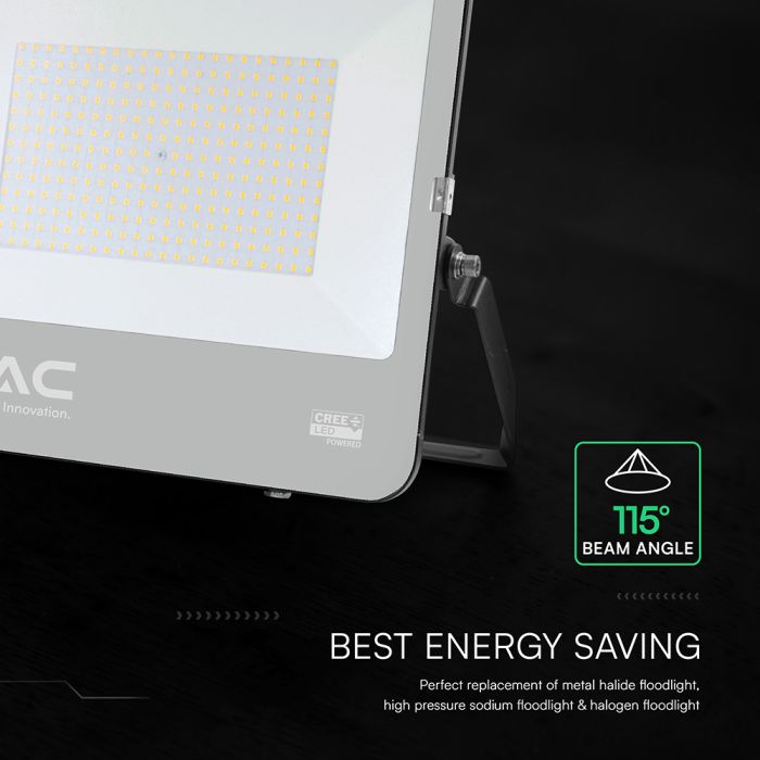 200W(37000Lm) LED prožektors, V-TAC VT-44205, CREE SMD, 185Lm/W, IP65, IK05, melns, 406x47x333mm, 1m kabelis, 115°, 6 gadu garantija, neitrāli balta gaisma 4000K