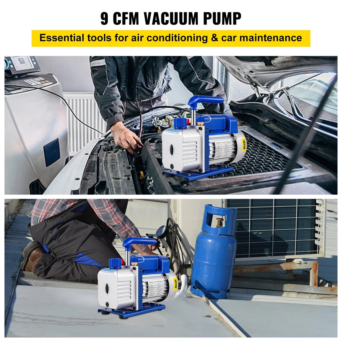 VEVOR gaisa kondicionēšanas vakuuma sūknis 533 l/min (9 CFM), 746 W (1 ZS), eļļas tilpums 370 ml, paredzēts aukstuma aģentu sistēmu vakuumēšanai un degazācijai