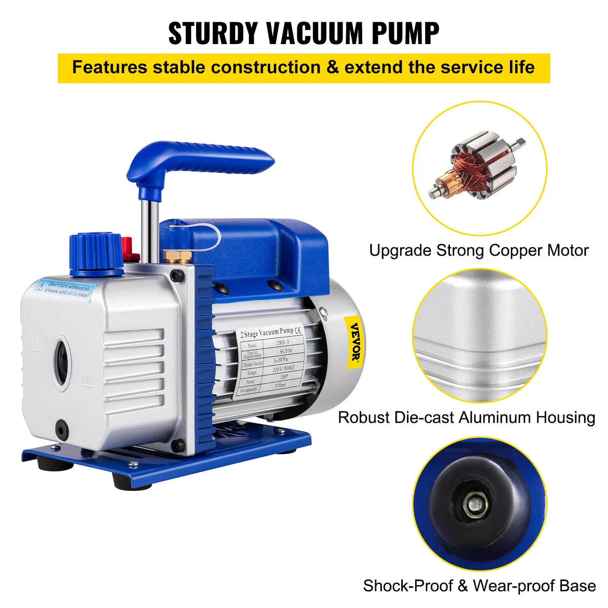 VEVOR gaisa kondicionēšanas vakuuma sūknis 533 l/min (9 CFM), 746 W (1 ZS), eļļas tilpums 370 ml, paredzēts aukstuma aģentu sistēmu vakuumēšanai un degazācijai