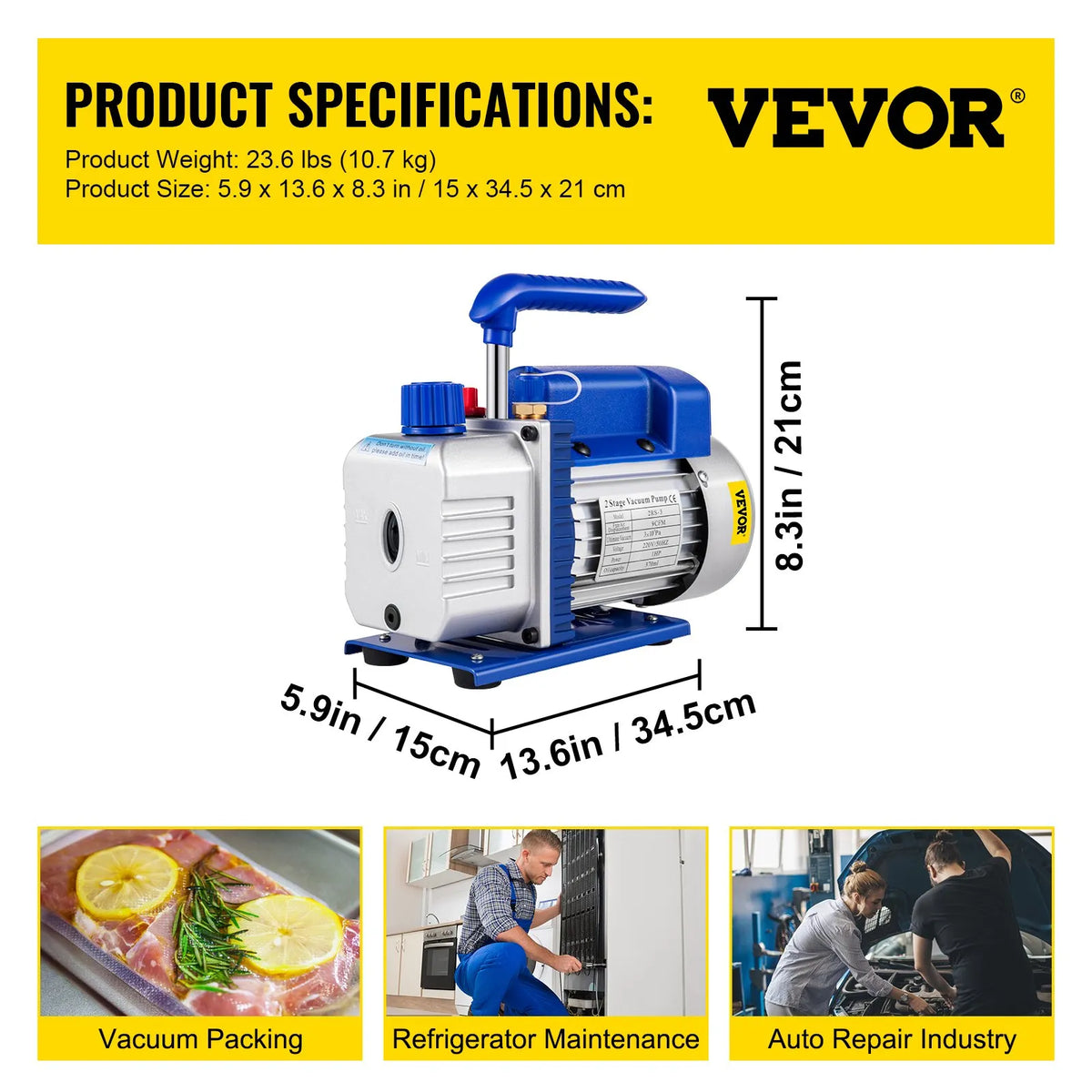 VEVOR gaisa kondicionēšanas vakuuma sūknis 533 l/min (9 CFM), 746 W (1 ZS), eļļas tilpums 370 ml, paredzēts aukstuma aģentu sistēmu vakuumēšanai un degazācijai