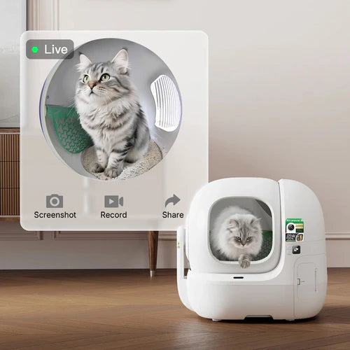 Pieejama no 20. oktobra Viedā automātiskā kaķu tualete PETKIT Purobot Max Pro 2 ar pašattīrīšanos, mākslīgā intelekta kameru, kaķu seju atpazīšanu, veselības uzraudzību, 8 l atkritumu tvertni un Wi-Fi. balta