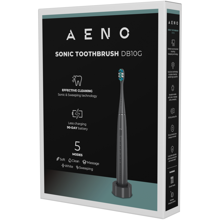 AENO elektriskā zobu birste DB10G, pelēka, 48 600 apgr./min, 5 režīmi, 1400 mAh – līdz 90 dienām bez uzlādes, IPX7, 3 uzgaļi