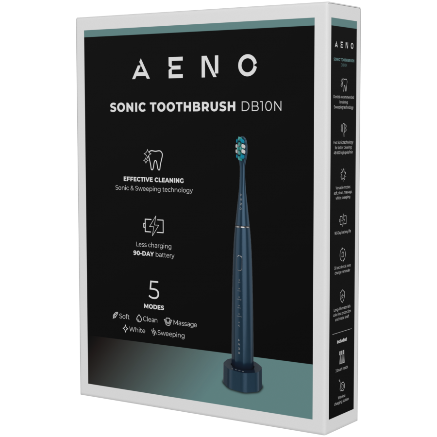 AENO elektriskā zobu birste, tumši zila, ar 3 uzgaļiem, 1400 mAh, režīmi Soft, Clean, Massage, White un Sweep