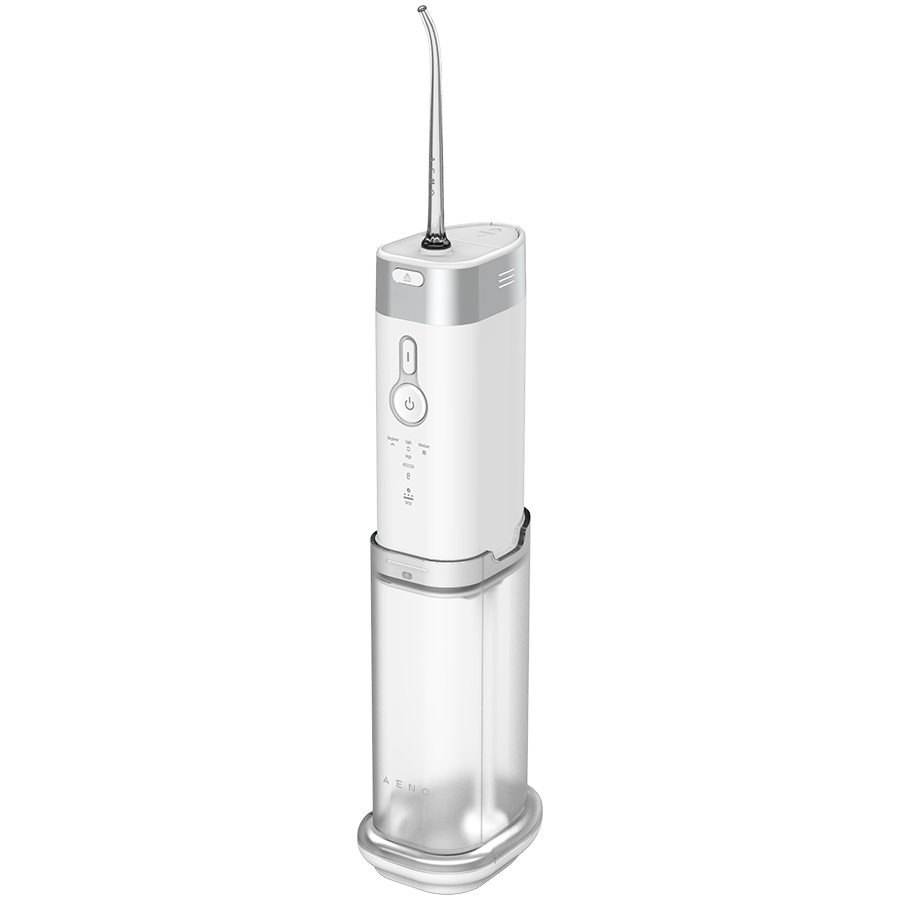 AENO zobu irigators DI2, 5 režīmi, līdz 140 PSI, 1900 impulsi/min, 360° sprausla, IPX7, līdz 100 dienām bez uzlādes, 3 sprauslas