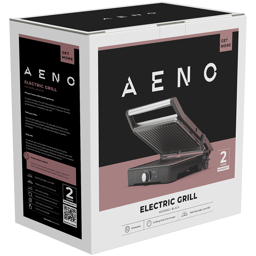 AENO elektriskais grils EG2, 2000 W, temperatūras regulēšana, 180° atvēršanas leņķis, 290 x 234 mm plāksnes