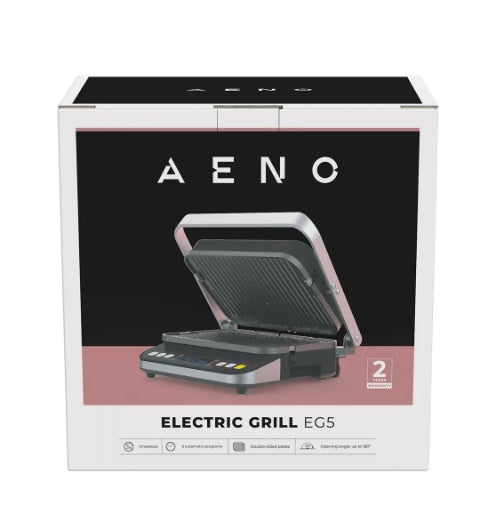 AENO Elektriskais grils EG5: 2000W, 2 sild. režīmi - apakšējais grils, abi grili, 6 iepriekš sagatavotas programmas, atsaldēšana noņemamas divpusējās plāksnes, plāksnes izmērs 320*220 mm.