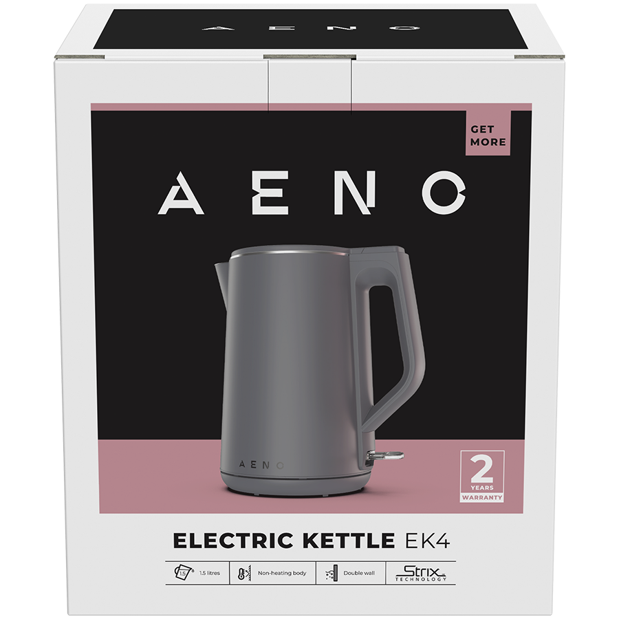 AENO elektriskā tējkanna EK4, 1,5 L, 1850–2200 W, ar STRIX termoregulatoru, dubultsienu konstrukcija, auksts korpuss, automātiska izslēgšanās, aizsardzība pret darbību bez ūdens