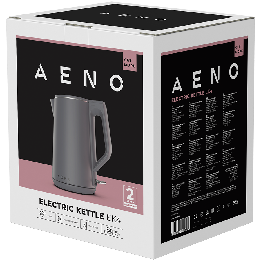 AENO elektriskā tējkanna EK4, 1,5 L, 1850–2200 W, ar STRIX termoregulatoru, dubultsienu konstrukcija, auksts korpuss, automātiska izslēgšanās, aizsardzība pret darbību bez ūdens