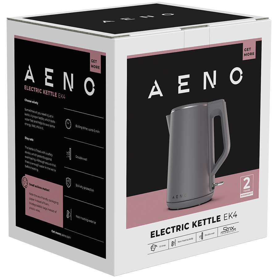 AENO elektriskā tējkanna EK4, 1,5 L, 1850–2200 W, ar STRIX termoregulatoru, dubultsienu konstrukcija, auksts korpuss, automātiska izslēgšanās, aizsardzība pret darbību bez ūdens