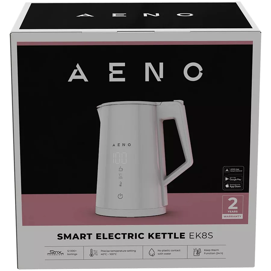 AENO elektriskā tējkanna EK8S Smart: 1850–2200 W, 1,7 L, Strix, dubultsienu korpuss, temperatūras kontrole, uzturēšanas funkcija, vadība caur Wi-Fi, LED displejs, nesakarstošs korpuss, automātiska izslēgšanās, aizsardzība pret darbību bez ūdens