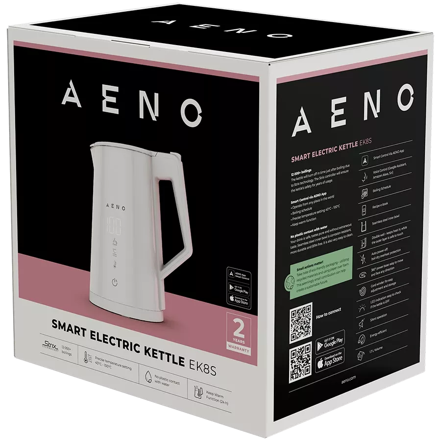 AENO elektriskā tējkanna EK8S Smart: 1850–2200 W, 1,7 L, Strix, dubultsienu korpuss, temperatūras kontrole, uzturēšanas funkcija, vadība caur Wi-Fi, LED displejs, nesakarstošs korpuss, automātiska izslēgšanās, aizsardzība pret darbību bez ūdens