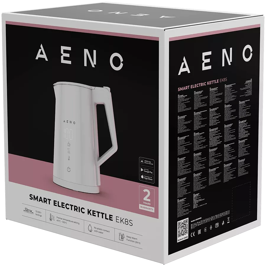 AENO elektriskā tējkanna EK8S Smart: 1850–2200 W, 1,7 L, Strix, dubultsienu korpuss, temperatūras kontrole, uzturēšanas funkcija, vadība caur Wi-Fi, LED displejs, nesakarstošs korpuss, automātiska izslēgšanās, aizsardzība pret darbību bez ūdens