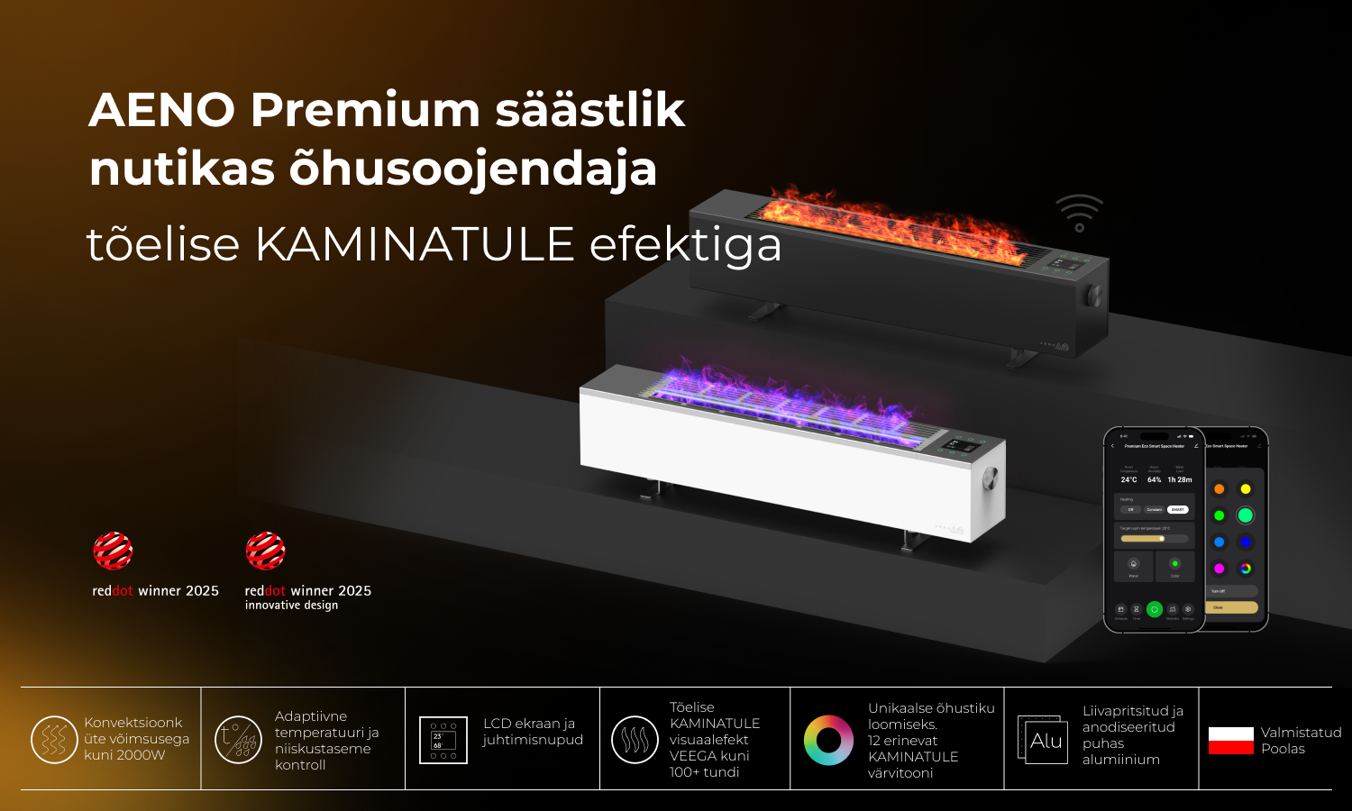 AENO FH2S Premium Space Fire viedais sildītājs, 2000 W, melns