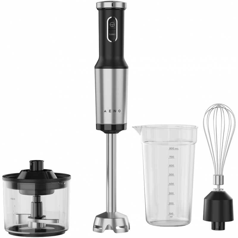 AENO rokas blenderis, 1200 W, melns, ar Tiger Teeth asmeni, putotāju, smalcinātāju un mērtrauku
