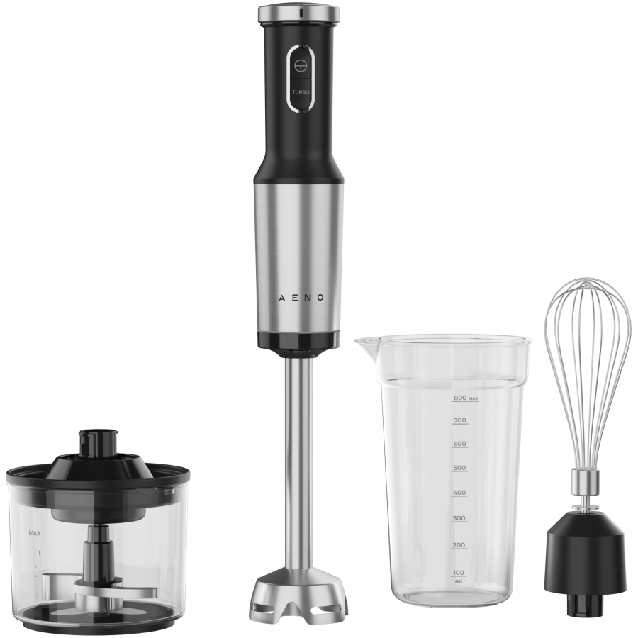 AENO rokas blenderis, 1200 W, melns, ar Tiger Teeth asmeni, putotāju, smalcinātāju un mērtrauku