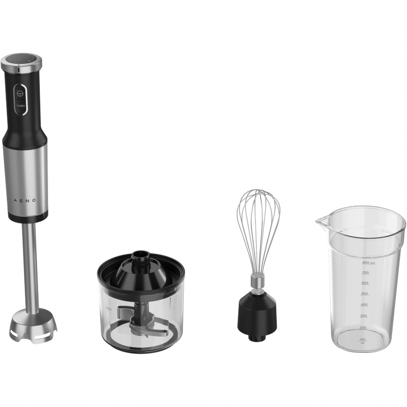 AENO rokas blenderis, 1200 W, melns, ar Tiger Teeth asmeni, putotāju, smalcinātāju un mērtrauku
