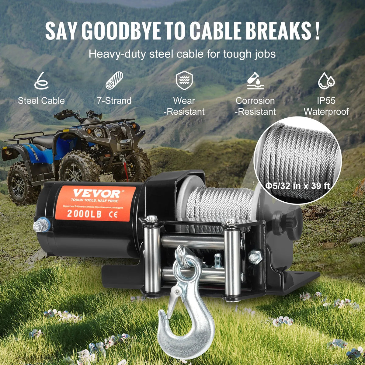 VEVOR elektriskā vinča ATV/UTV 907,2 kg ar tērauda trosi, IP55 ūdensizturība un vadu vadība