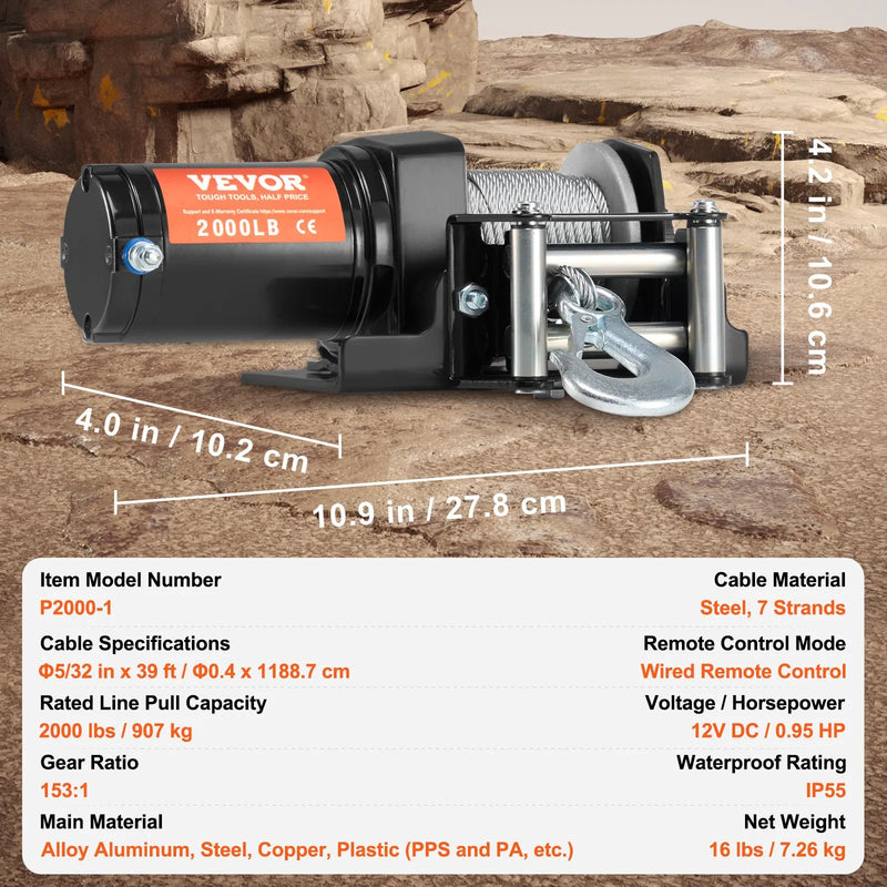 VEVOR elektriskā vinča ATV/UTV 907,2 kg ar tērauda trosi, IP55 ūdensizturība un vadu vadība