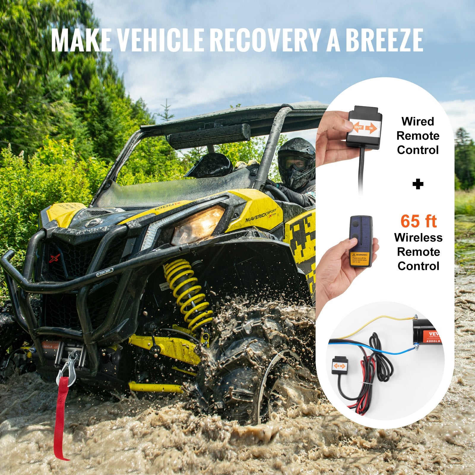 VEVOR elektriskā vinča ATV/UTV 1814,4 kg ar tērauda trosi, IP55 ūdensizturība un tālvadības pulti