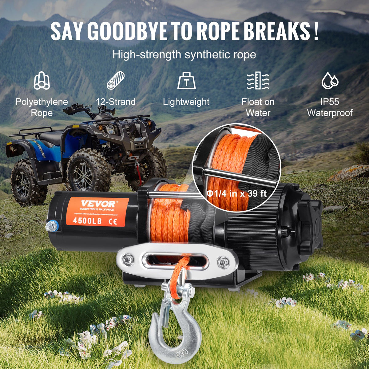 VEVOR electric winch ATV/UTV, 2040 kg, with synthetic rope, waterproof, with remote control