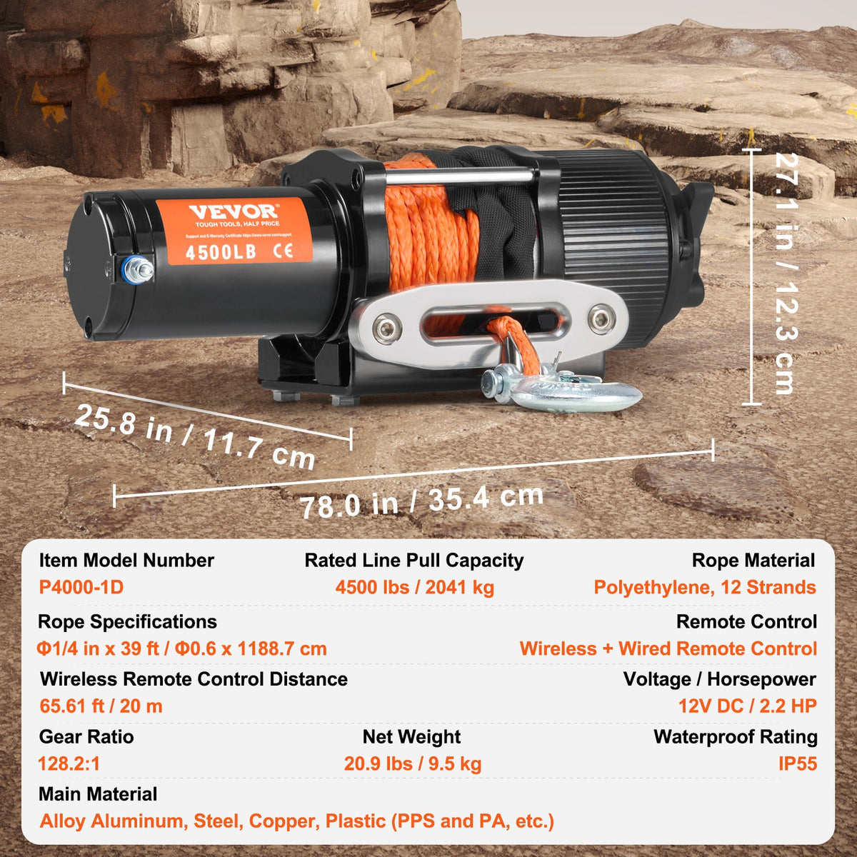 VEVOR electric winch ATV/UTV, 2040 kg, with synthetic rope, waterproof, with remote control