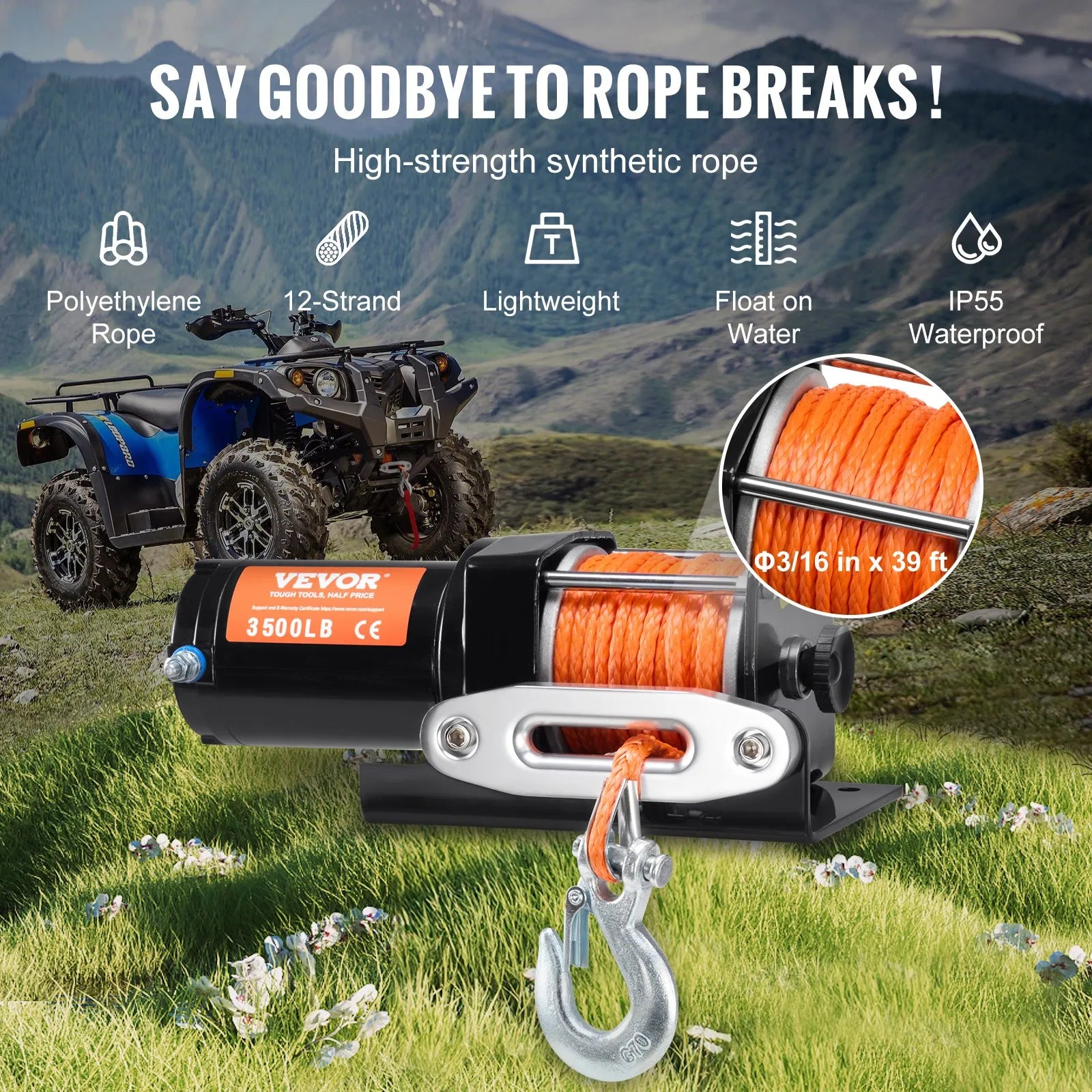 VEVOR elektriskā vinča ATV/UTV 1587,6 kg ar sintētisko trosi, ūdensizturīga ar vadu vadību