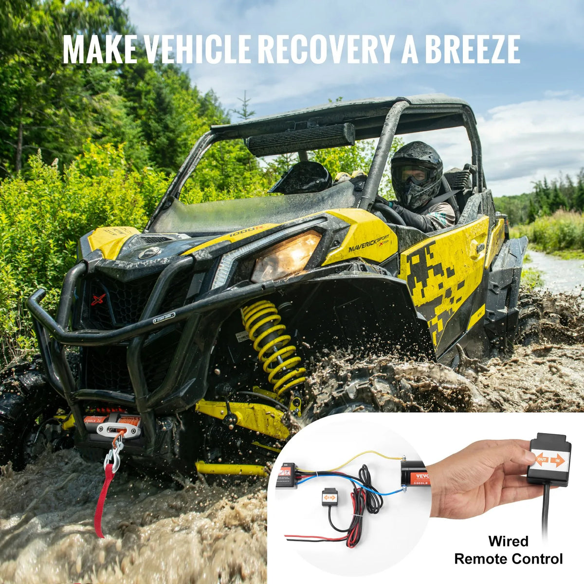 VEVOR elektriskā vinča ATV/UTV 1587,6 kg ar sintētisko trosi, ūdensizturīga ar vadu vadību