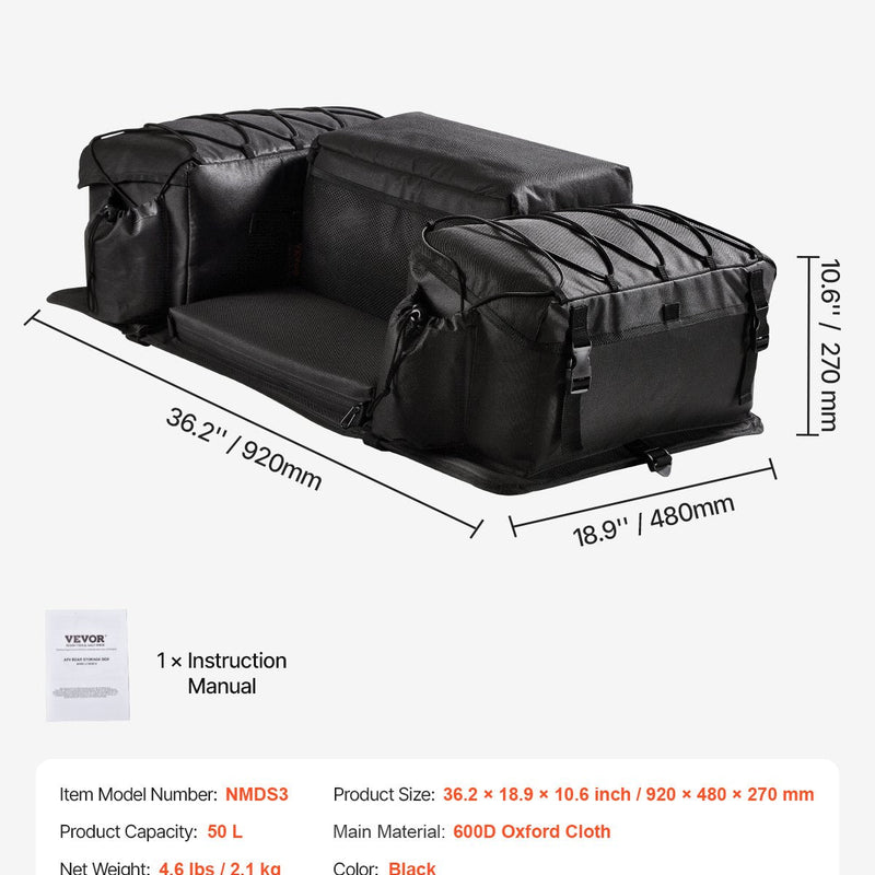 VEVOR 50 L ATV aizmugures glabāšanas soma no 600D oksforda auduma ar sūkļa polsterējumu